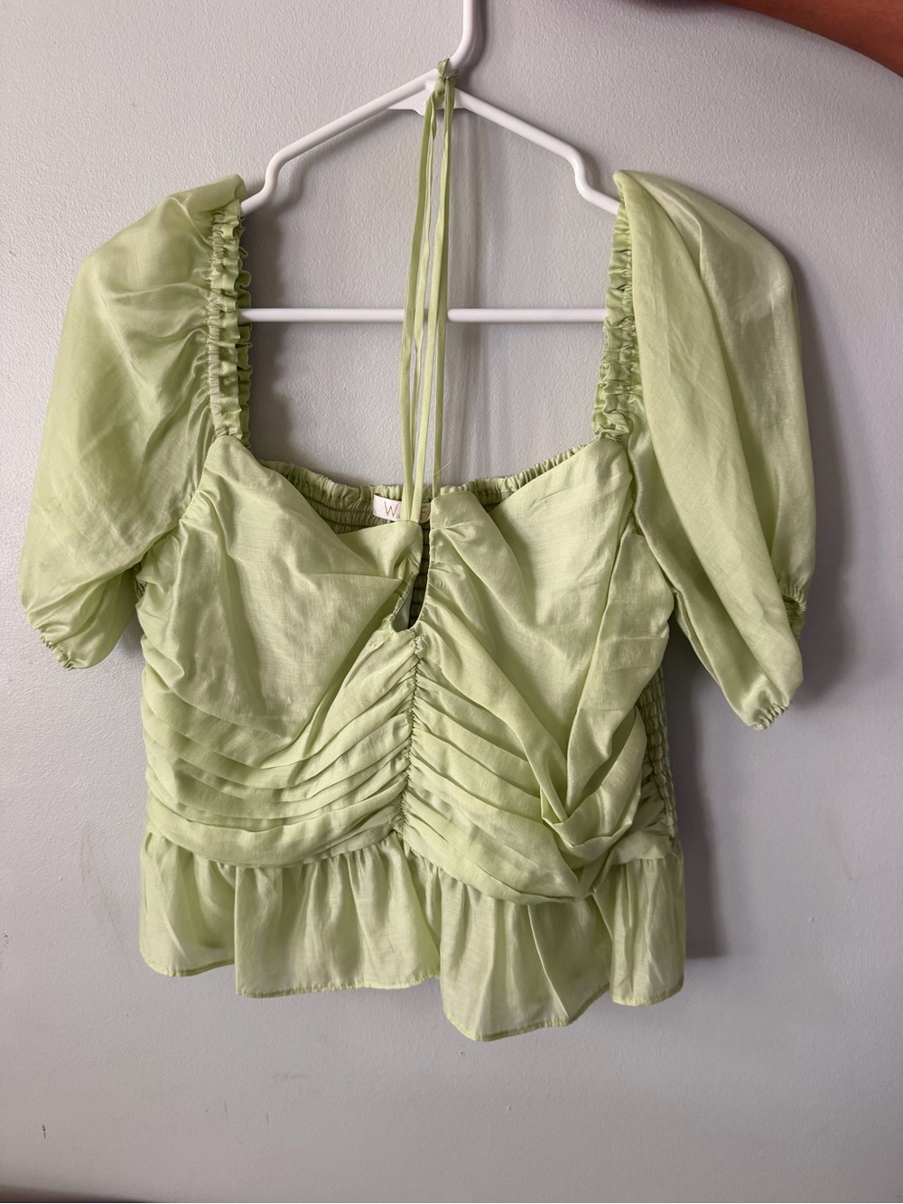 Wayf Light Green Puff Sleeve Ruched Crop Blouse